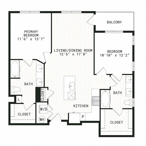 Floor plan for 2 beds, 2 baths, 1073 sqft
